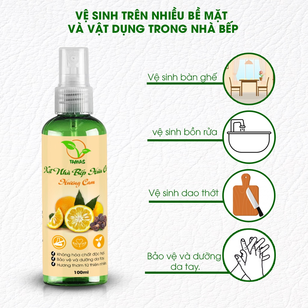 Xịt nhà bếp đa năng TAMAS chai 100ml, Nước lau bếp hữu cơ- Làm sạch, khử mùi, khử khuẩn bếp và vật dụng nhà bếp