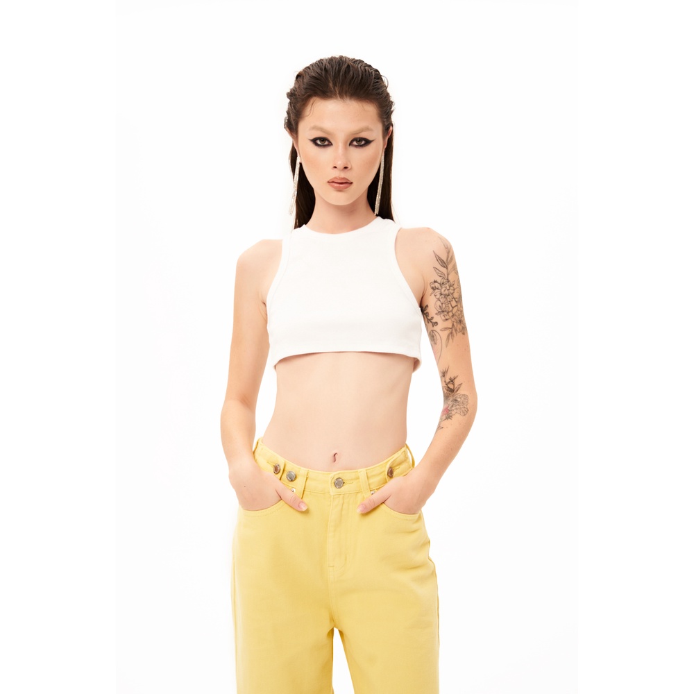 Quần jeans nữ suông dài, màu vàng, là min - STRAIGHT-LEG BUTTON JEANS - LEMON