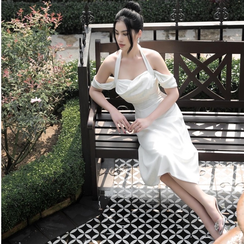 Đầm trắng đi tiệc thiết kế trễ vai, dáng xòe sang trọng - Bydi