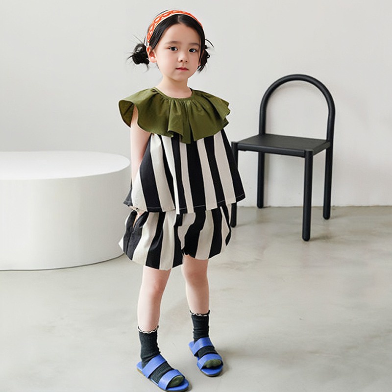 Set Áo Sát Nách Cổ Bèo + Quần Short Phong Cách Hàn Quốc Cho Bé Gái