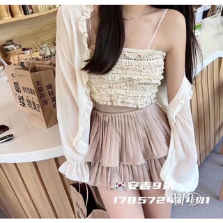 Sét 3 món áo 2 dây ren mix chân váy dập ly kèm áo khoác ngoài bn92