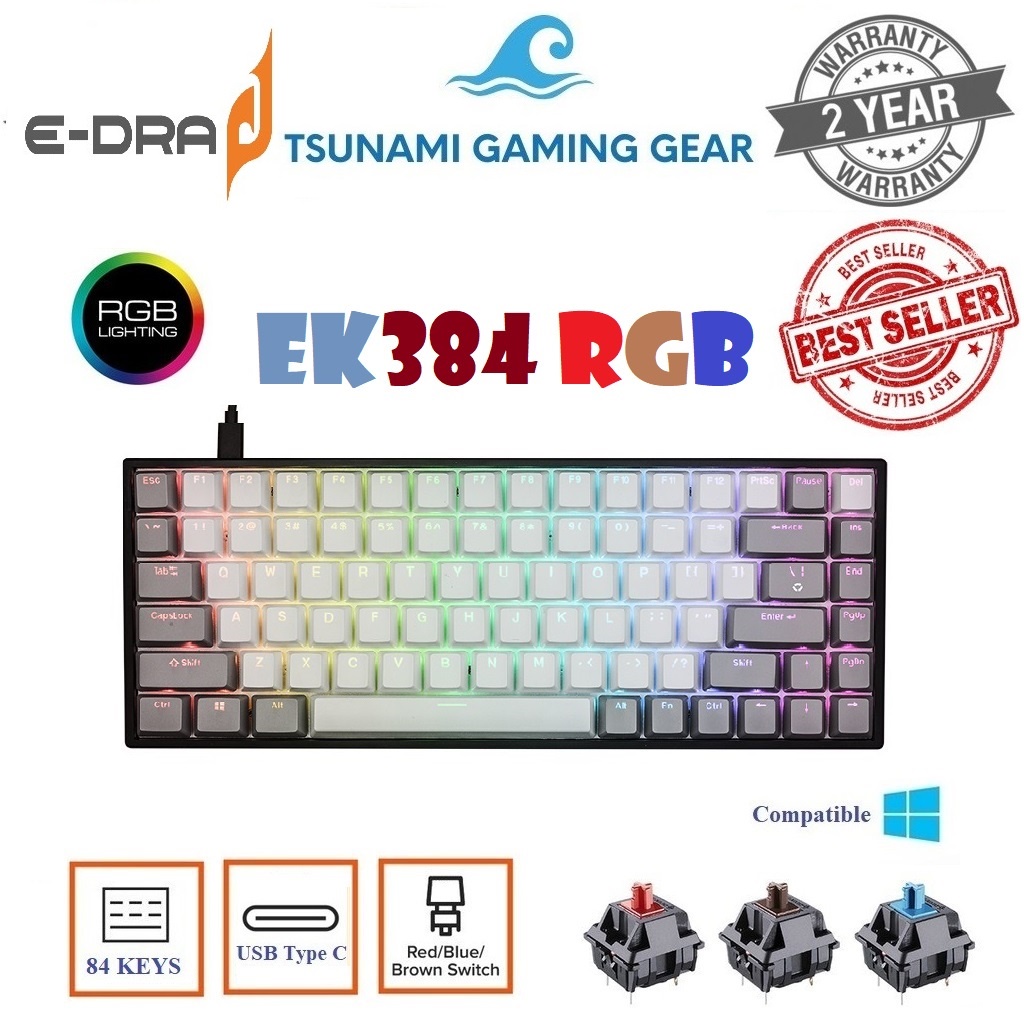 Bàn phím cơ gaming EDra EK384 RGB I Huano Switch (Blue /Brown/Red switch) I USB Type C - Hàng chính hãng