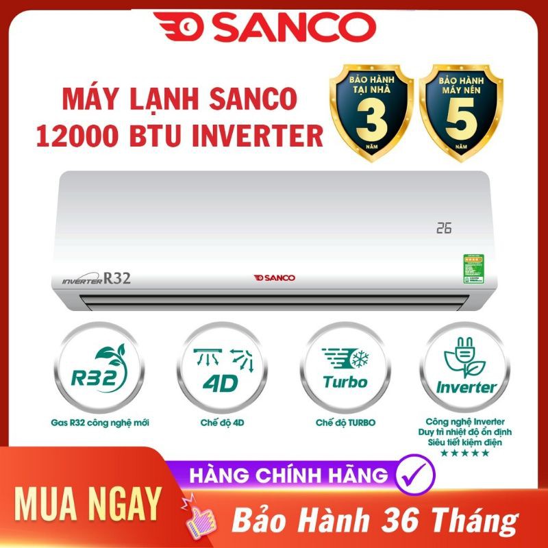 Máy Lạnh Sanco 1.5HP - Model SM100BT12 (Trắng) Dưới 20m2, Công Suất 12.000BTU, Máy