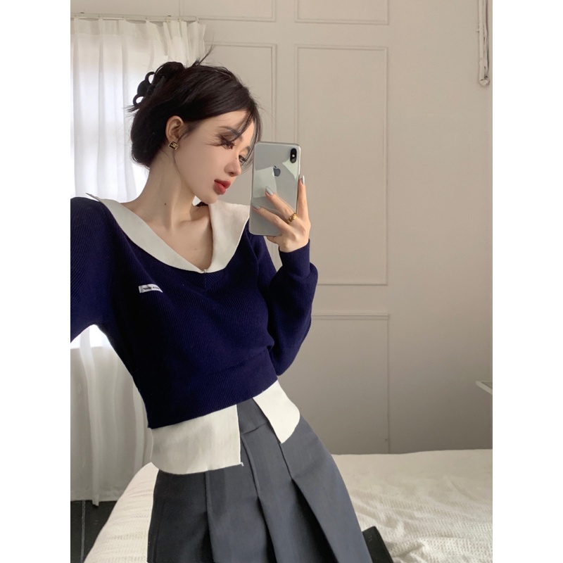 HUANG YOYO  Áo sweater Dệt Kim Mỏng Dáng Rộng Tay Dài Cổ Gấp Phong Cách Hàn Quốc Thời Trang Mùa Thu Cho Nữ