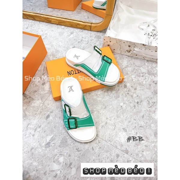 Dép lv hai quai pha màu khoá cài fullbox