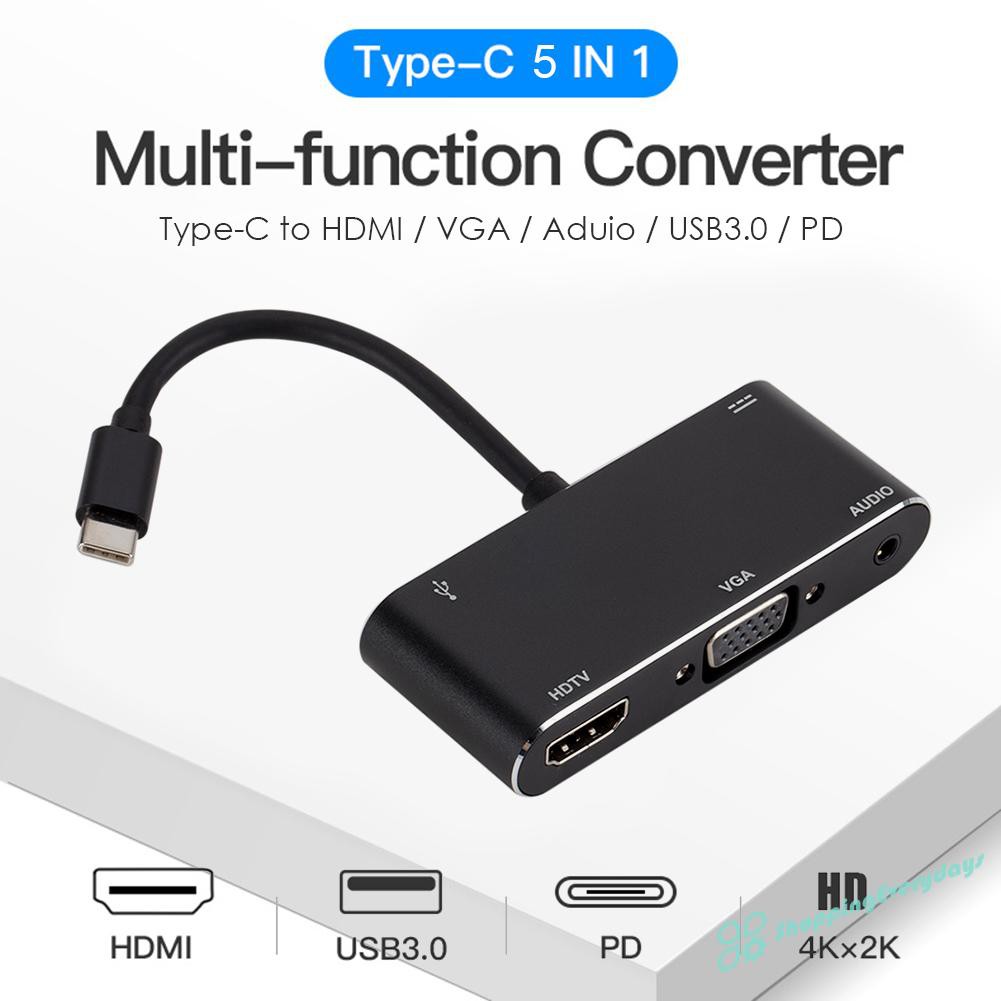 SV Bộ Chuyển Đổi 5 Trong 1 Usb Type-C Hub 4k Hdmi Vga 3.5mm Audio Usb3.0 Pd