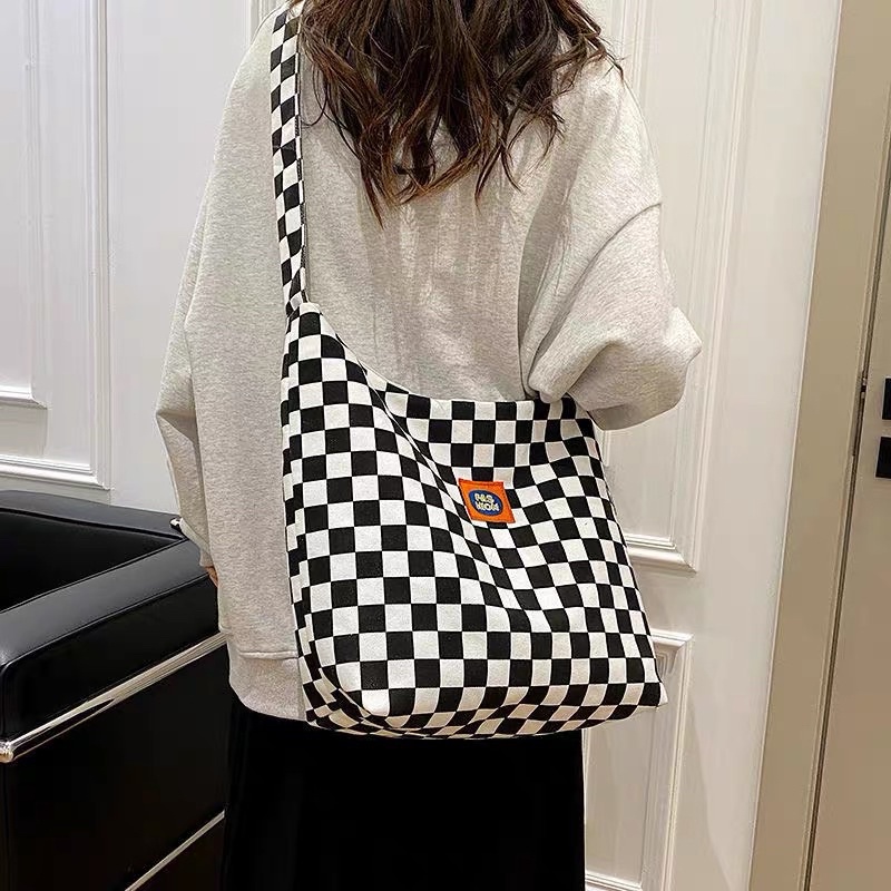 Túi tote Túi vải canvas hoạ tiết caro phong cách Hàn Quốc có khoá kéo T41
