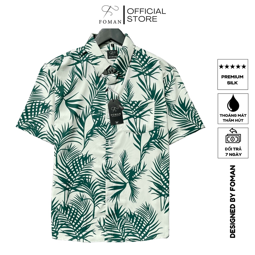 Áo sơ mi nam hoạ tiết Palm Leaves FOMAN tay ngắn vải lụa thấm hút, thoáng khí, không nhăn