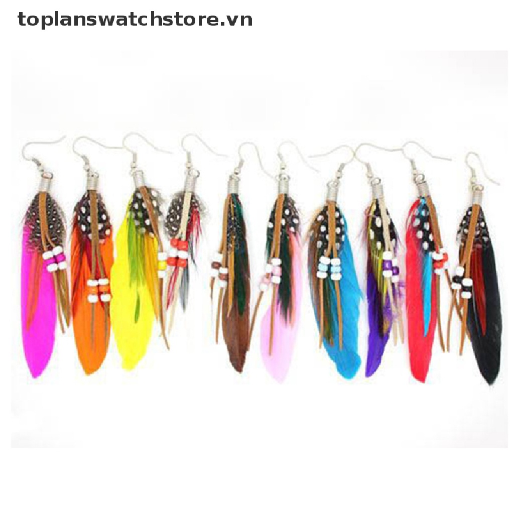 [toplanswatchstore] Bông Tai Da Đính Lông Vũ Tua Rua Phong Cách Ấn Độ