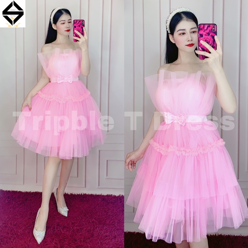 Đầm xoè cúp ngực chất lưới xếp tầng nơ eo TRIPBLE T DRESS - SIZE M/L - MS228V
