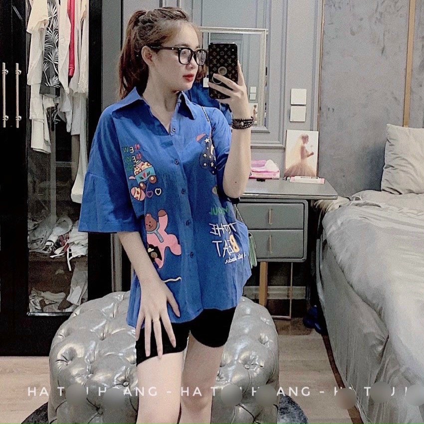 Sét áo sơ mi form rộng in hình hoạt hình phối quần leggin hot hit ( ảnh thật )