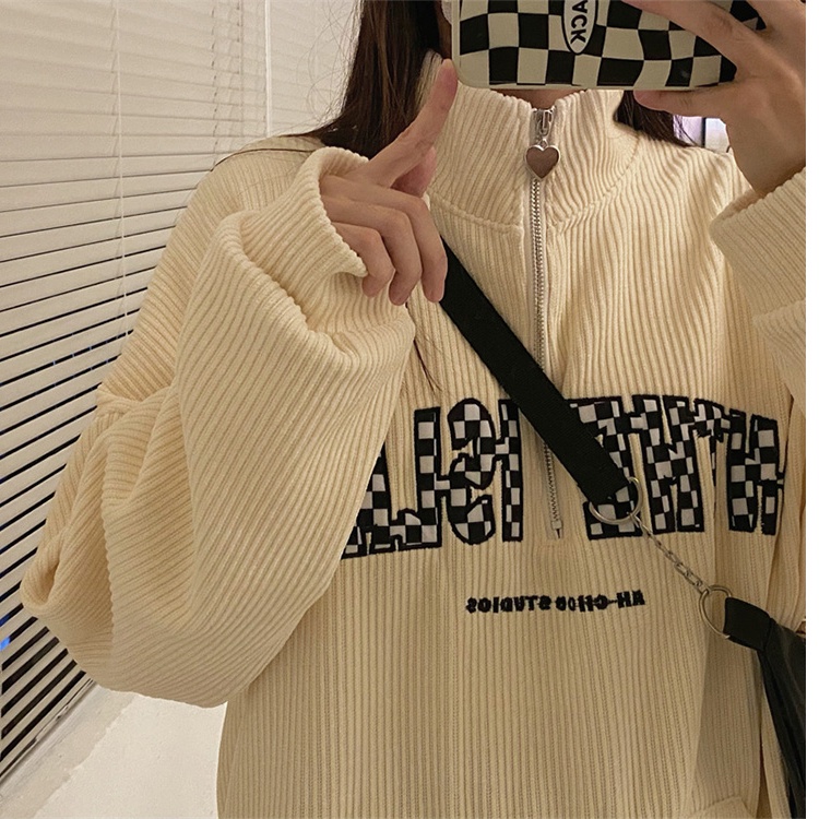 Áo Sweater Nhung Kẻ Dáng Rộng In Chữ Thời Trang Mùa Thu Dành Cho Nữ