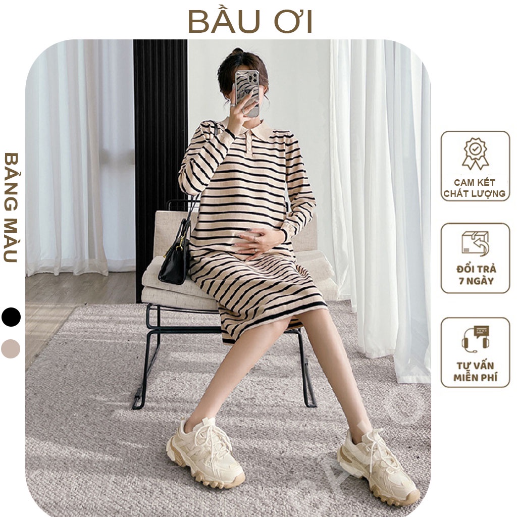 [BAUOII V122] VÁY BẦU THU ĐÔNG LEN MONGTOGHI DÁNG DÀI KẺ SỌC CỔ ĐỨC DÀI TAY - ĐẦM BẦU BABYDOLL KIỂU DÁNG TRẺ TRUNG