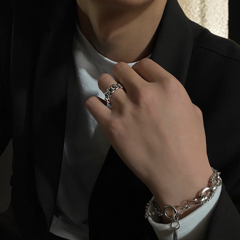Nhẫn Bạc Phối Dây Xích Phong Cách Hip Hop Cổ Điển