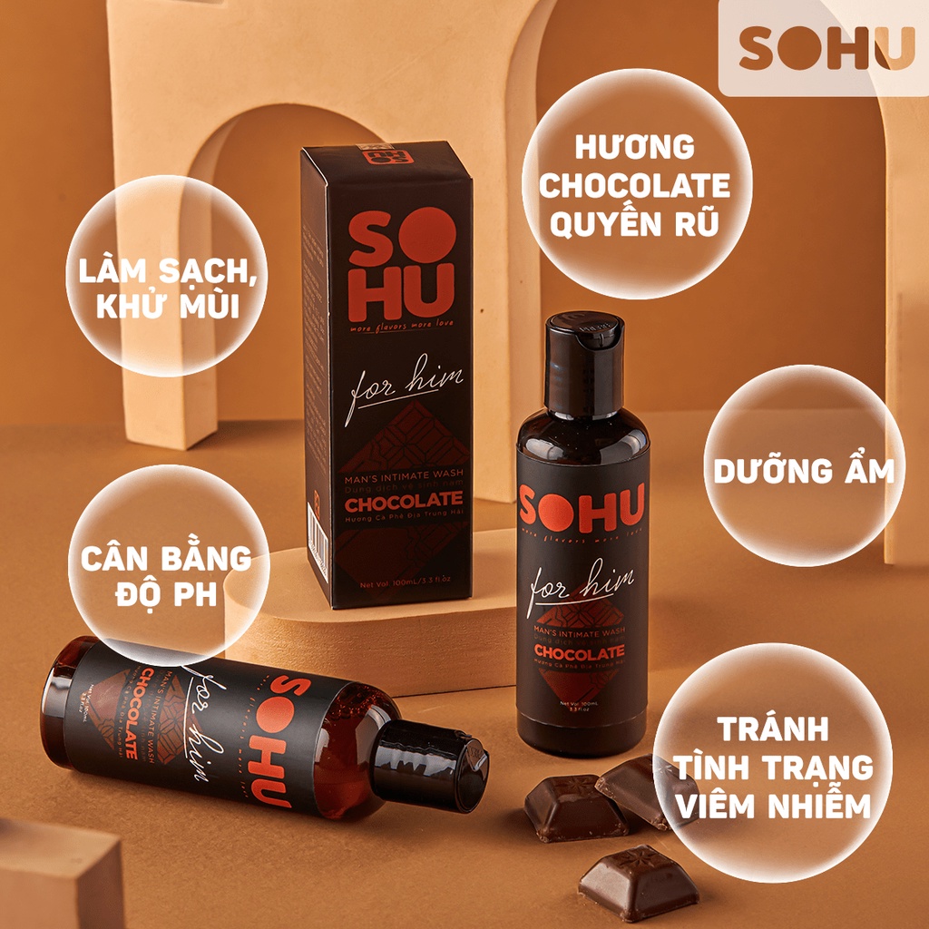 Dung dịch vệ sinh nam SOHU hương chocolate, bạc hà, táo bạc hà khử mùi tự nhiên lành tính chai 100ml
