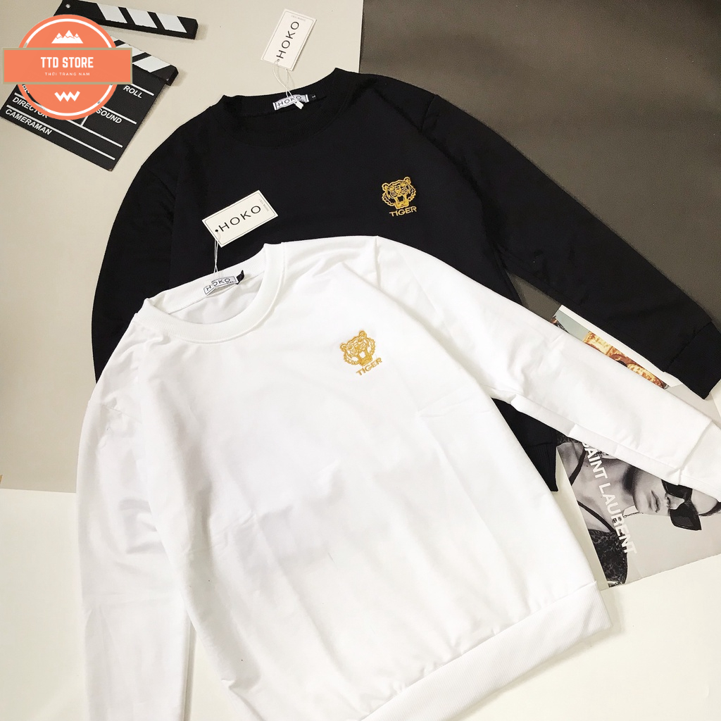 Áo nỉ sweater nam nữ dài tay trơn thêu logo hổ, chữ chất vải mềm mịn giữ ấm co giãn tốt, áo đôi thu đông hot giá rẻ