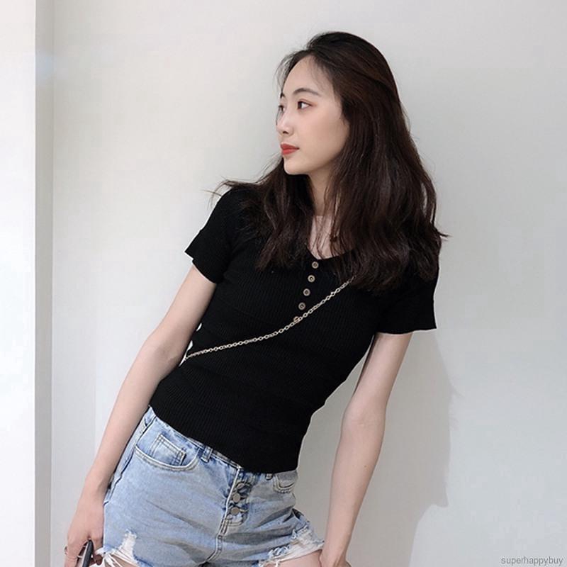 Áo dệt kim tay ngắn cổ chữ V phối nút thiết kế quyến rũ cho phái nữ
