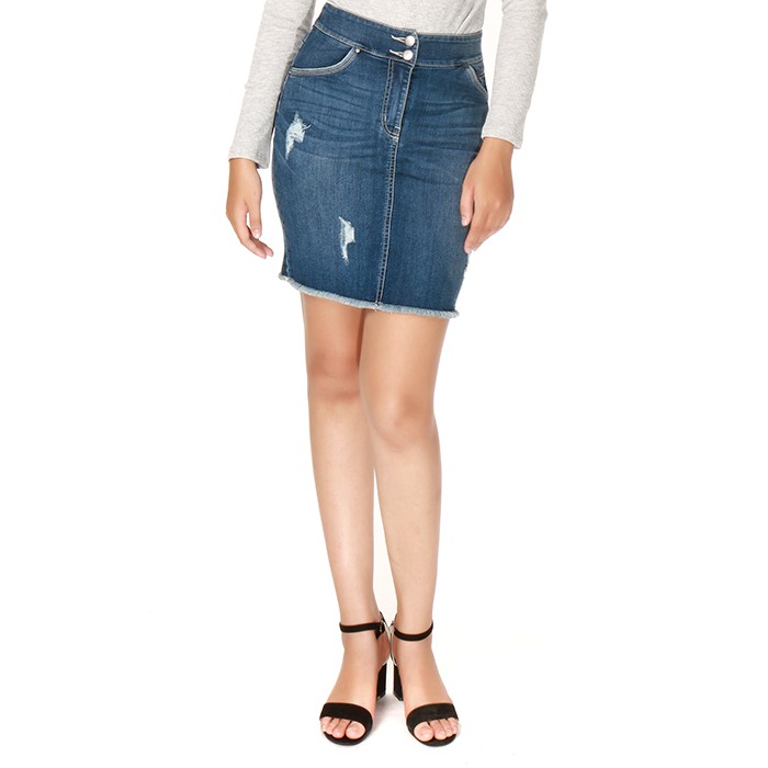 Chân váy bò nữ Narsis B7010 xước xanh nhạt cúc đôi