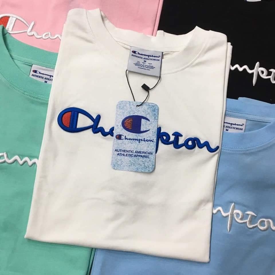 Áo thun tay lỡ Champion Logo thêu  , Áo thun Unisex tay lỡ nam nữ chất Cotton 100%