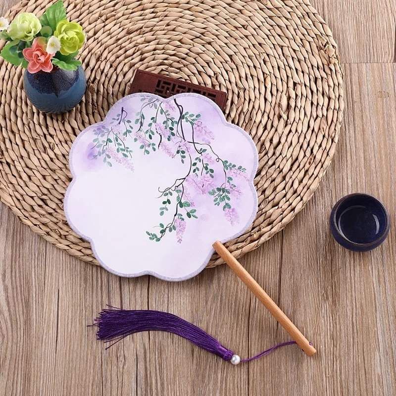 Quạt tròn cổ trang Trung Quốc in hoa vải lụa