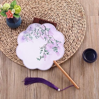 Quạt tròn cổ trang Trung Quốc in hoa vải lụa