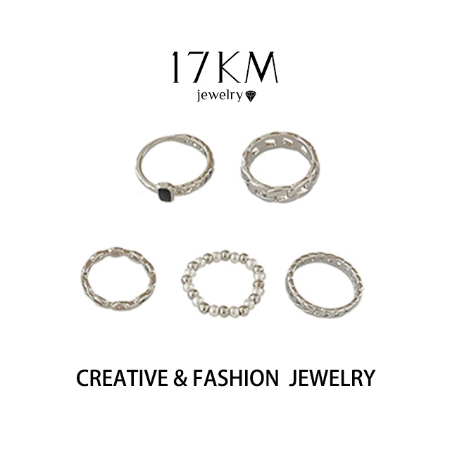 Set 5 nhẫn 17KM mạ bạc dạng xoắn đính ngọc trai nhân tạo thời trang