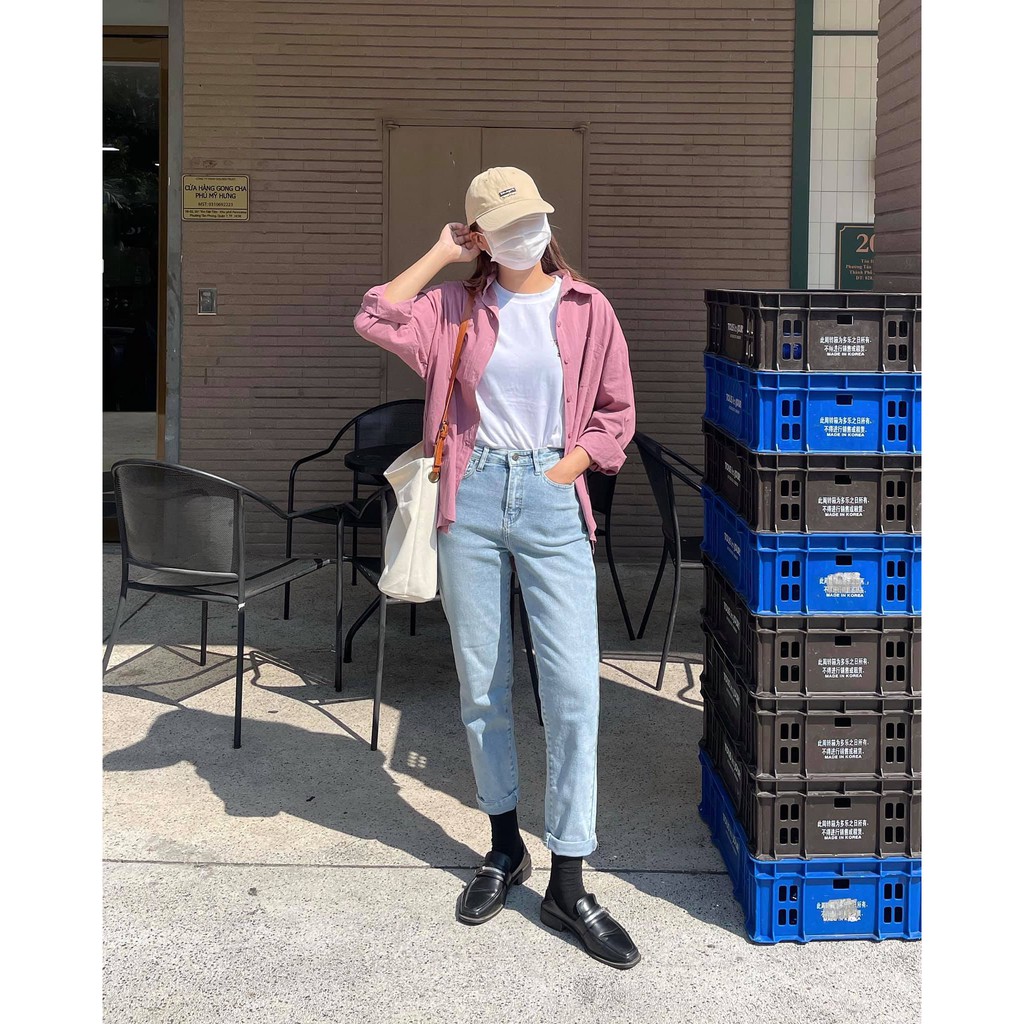 Quần boyfriend jeans trơn LEN clothing màu nhạt 7313