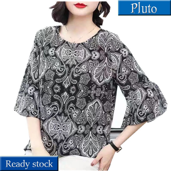 MỚI Áo thun nữ cổ thuyền tay loe in họa tiết cổ điển