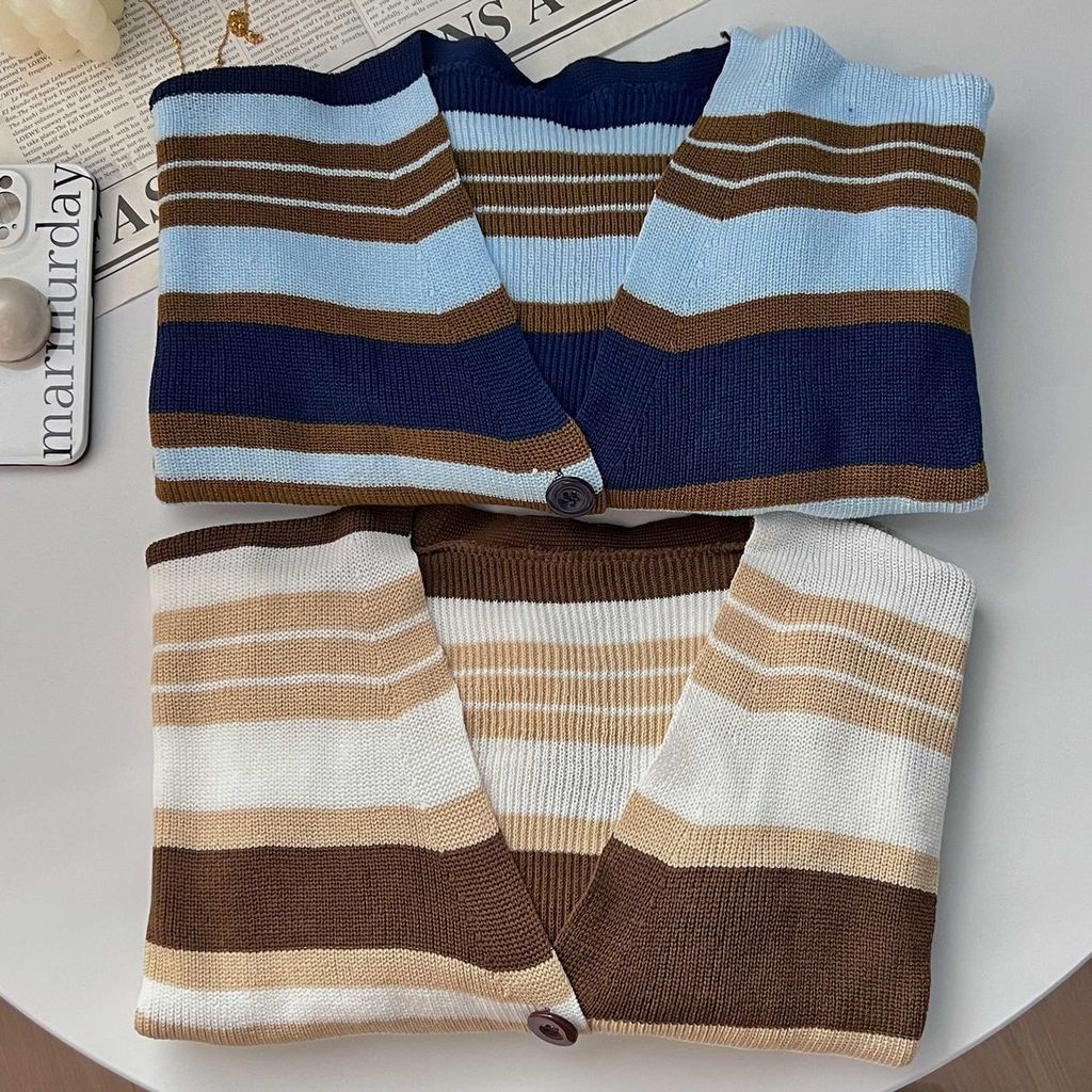 Áo Cardigan Dệt Kim Dáng Ngắn Màu Sắc Tương Phản Phong Cách Hàn Quốc Cho Nữ