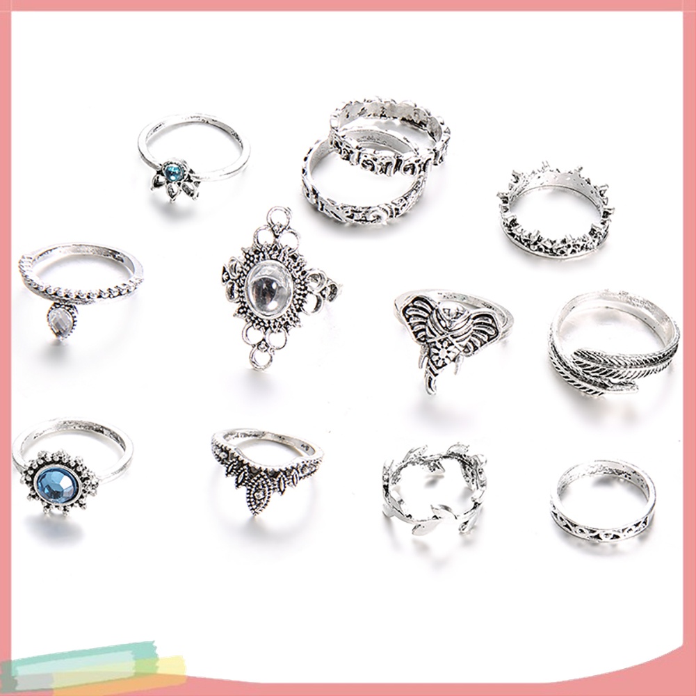 Bộ 12 Nhẫn Đeo Đốt Ngón Tay Đính Đá Phong Cách Boho Cổ Điển Cho Nữ