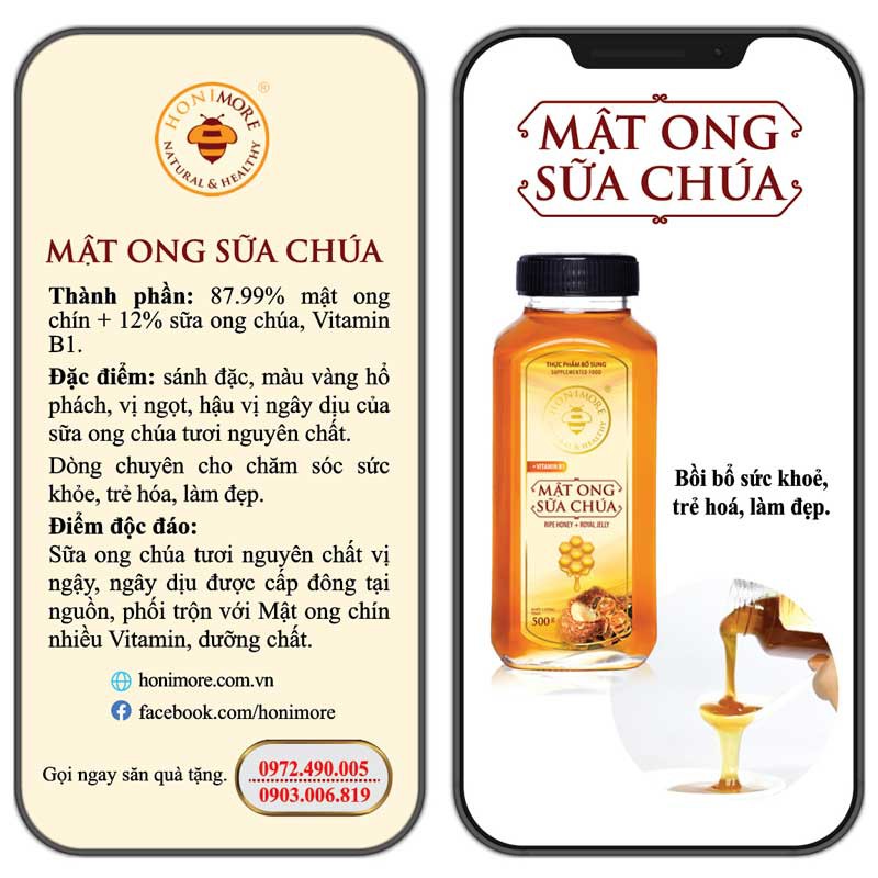 Mật ong rừng sữa ong chúa Honimore 500g tăng sức đề kháng, chống lão hóa, giúp da mềm mịn trắng hồng