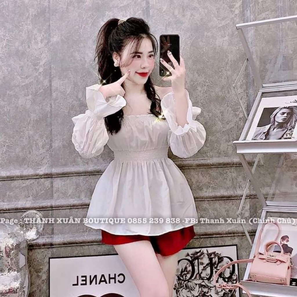 Set áo kiểu nữ sexy hở vai tay bồng tiểu thư bánh bèo kèm quần sooc tacta đỏ phong cách Hàn quốc Liaofashion UV70