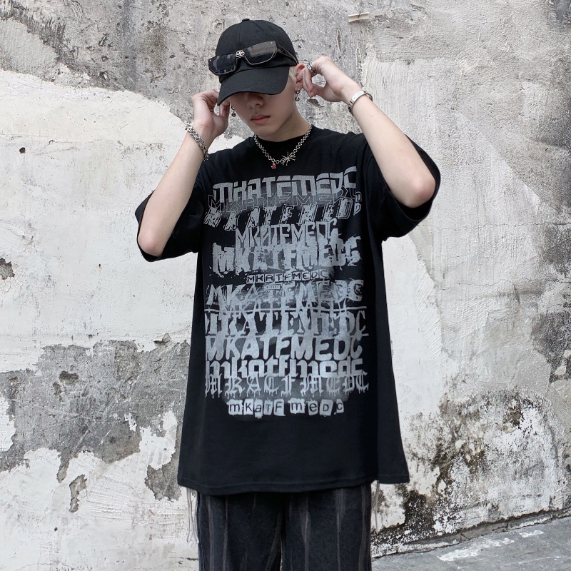 Áo thun tay ngắn cổ tròn dáng rộng in chữ phong cách hip hop Mỹ thời trang mùa hè cho nam size S-5Xl