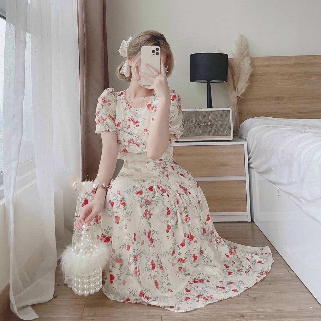 Đầm Hoa Hồng Tay Phồng Xếp Ly CUN075 Váy Nữ Voan Hoa Phối Bèo Nhún Eo Cho Nữ Đi Tiệc Đi Chơi