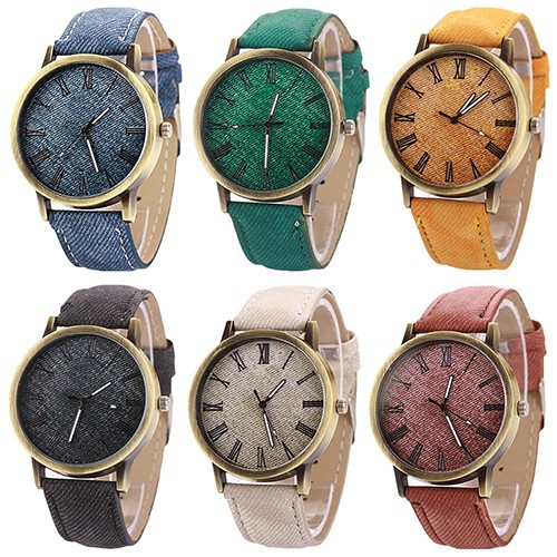 Đồng hồ mặt tròn dây đeo denim cổ điển cho nam/nữ