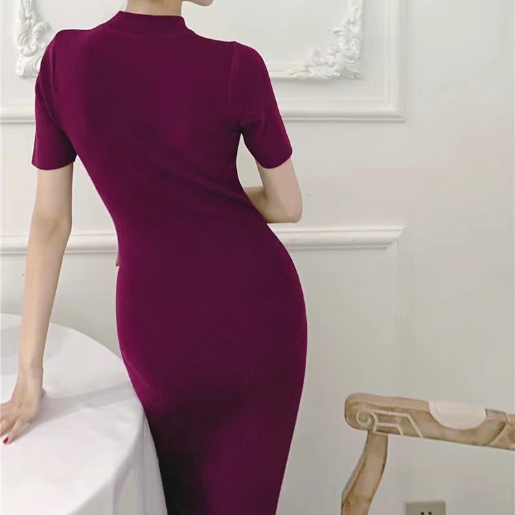 Đầm lửng SUXI dệt kim tay ngắn màu trơn ôm dáng thời trang mùa hè cho nữ