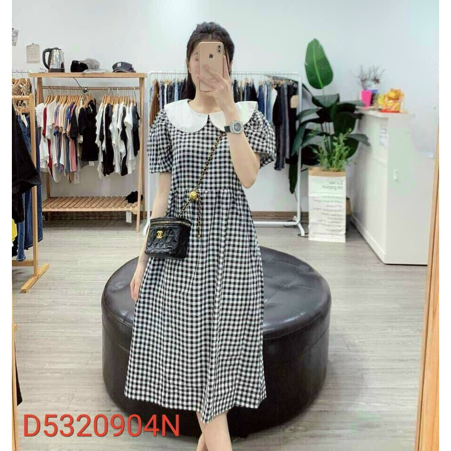 Đầm caro đen dáng xuông tay búp,đầm babydoll cổ sen trắng bèo,đầm tiểu thư thiết kế nàng bầu mặc được đi chơi xinh xắn