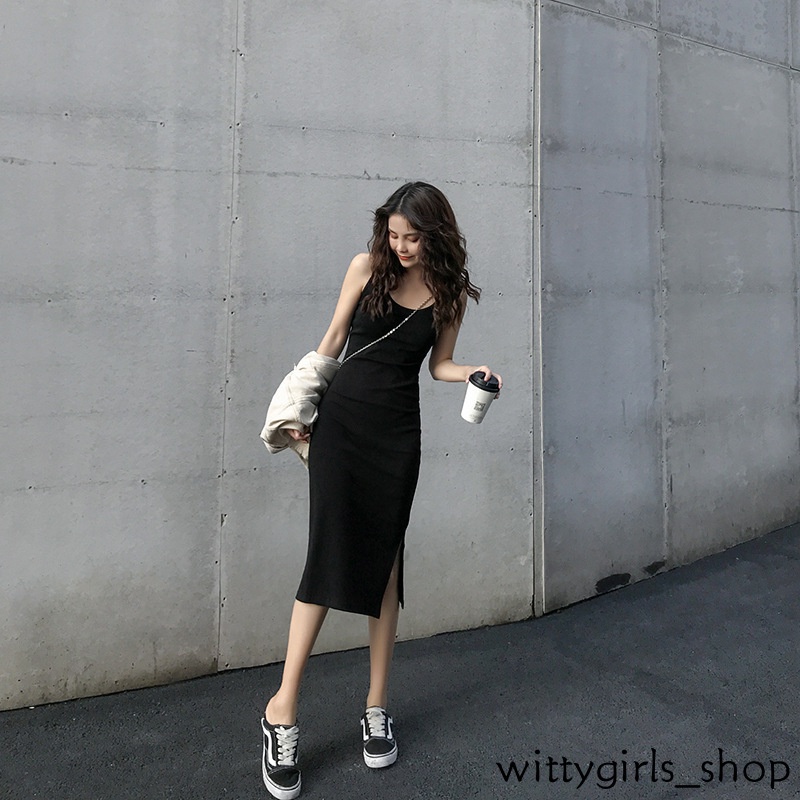 Wittygirls-đầm Dài Hai Dây Xẻ Tà Bên Ngoài Cửa Hàng_Mid Thời Trang Mùa Hè Cho Nữ
