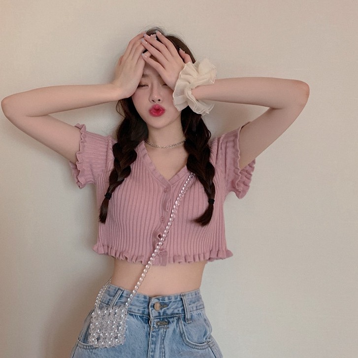 SUXI Mùa hè Mới Màu rắn dệt kim Áo thun nữ Áo phông cổ chữ V Áo ngắn gợi cảm