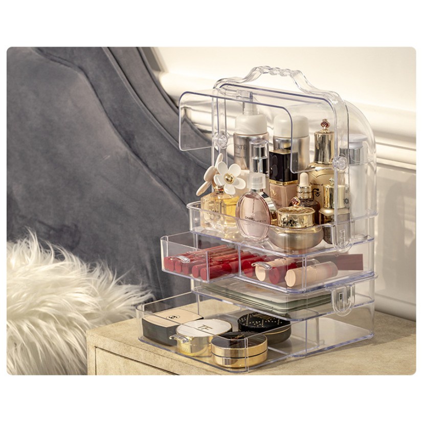 Hộp lưu trữ mỹ phẩm Hộp lưu trữ chống bụi để bàn Loại ngăn kéo acrylic Hộp đựng đồ trang điểm trong suốt+ 3 ngăn kéo