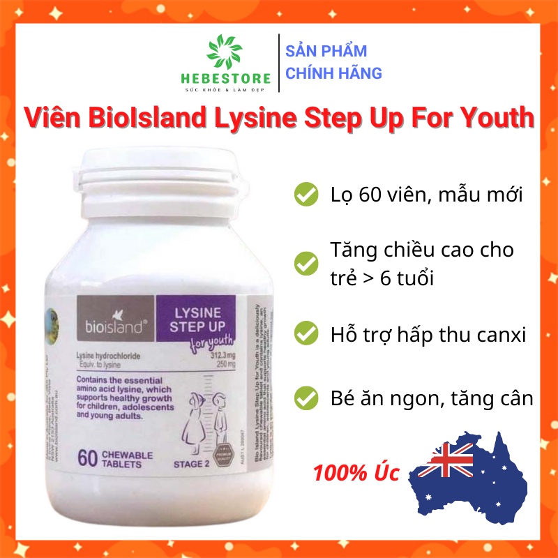 Viên Bio Island Lysine Step Up của Úc [60 viên] tăng chiều cao cho trẻ từ 6 tuổi - Mẫu mới, chính hãng