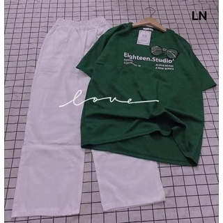 Set bộ đồ áo phông form thụng kèm quần kẻ ống rộng màu hồng xanh vàng