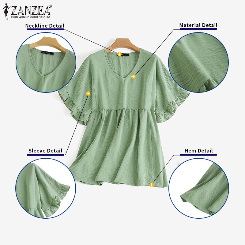 Áo kiểu Zanzea cổ chữ v màu trơn phong cách Châu Âu dành cho nữ