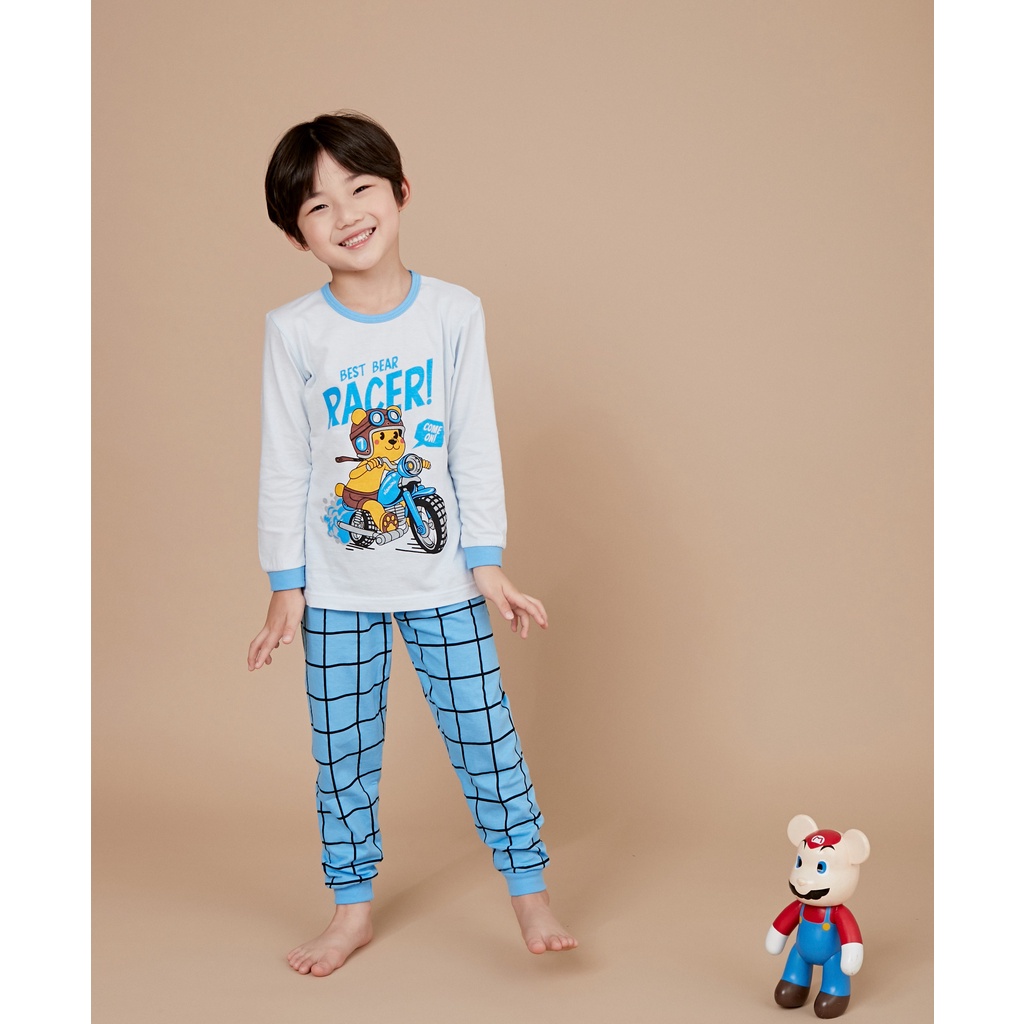 Bộ pijama dài tay bé trai Bear Racer 100% cotton - Olomimi Hàn Quốc
