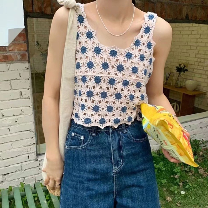 Áo Croptop Dệt Kim Không Tay Thêu Hoa Cúc Thời Trang Mùa Xuân Cho Nữ