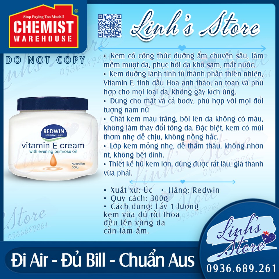 Kem dưỡng Redwin Cream Vitamin E 300g 💙 Chemist Warehouse - Úc