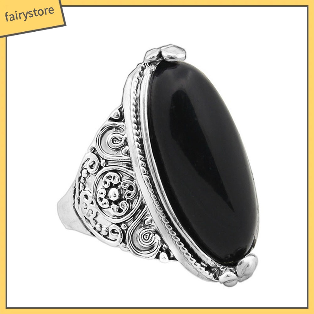 FS_Women Boho Vintage Oval Turquoise Antique Silver Plated Carving Ring Jewelry