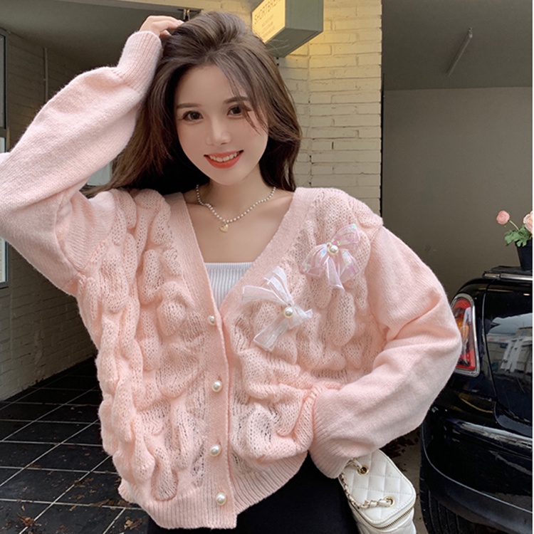 Áo dệt kim IELGY tay dài dáng rộng cổ chữ V phối thắt nơ xinh xắn cho nữ