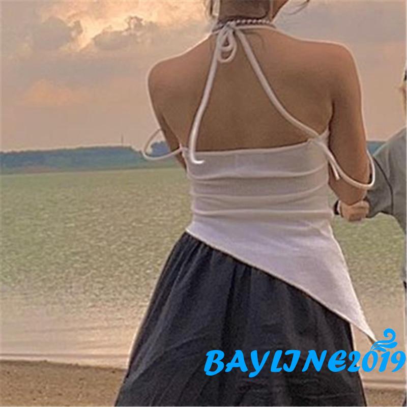 Áo yếm không tay thiết kế cổ cột dây lai không đều màu trơn thoáng khí dành cho bạn nữ