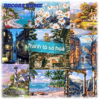 [Đã căng khung] Tranh phong cảnh tô màu theo số vải canvas cao cấp kích thước 40x50 cm đầy đủ phụ kiện bút vẽ